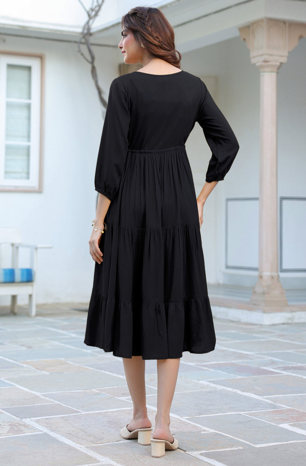 Janasya Dark Rayon Solid Tiered Dress - Distacart