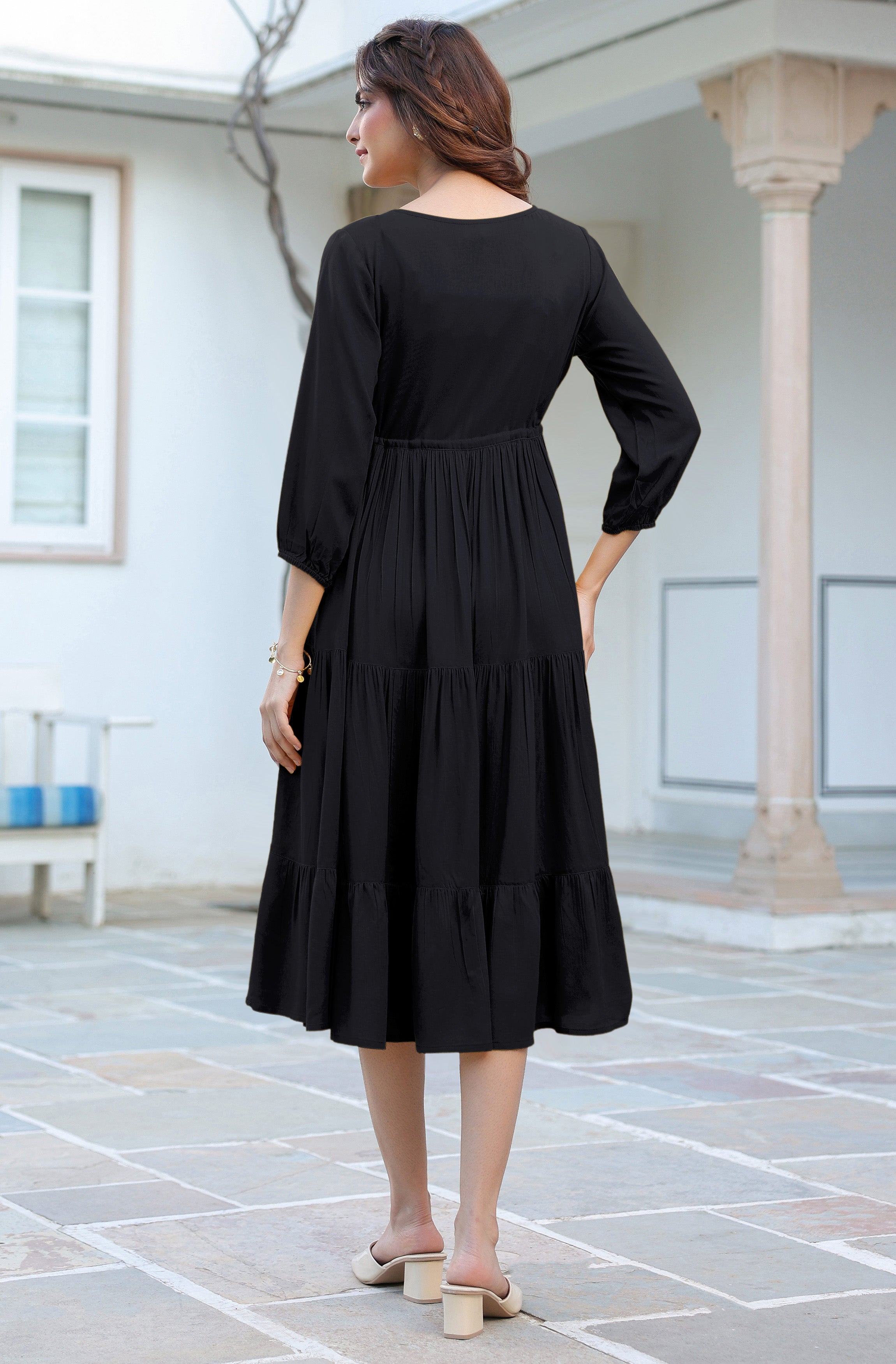 Janasya Dark Rayon Solid Tiered Dress - Distacart