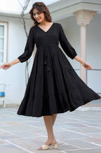 Janasya Dark Rayon Solid Tiered Dress - Distacart