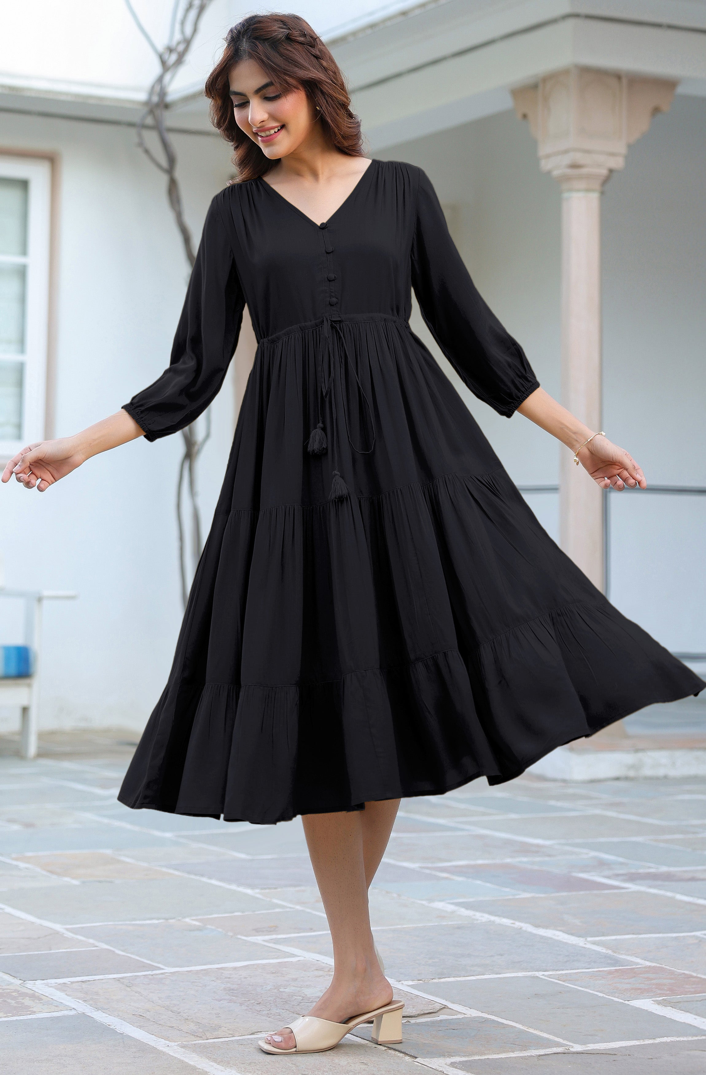 Janasya Dark Rayon Solid Tiered Dress - Distacart
