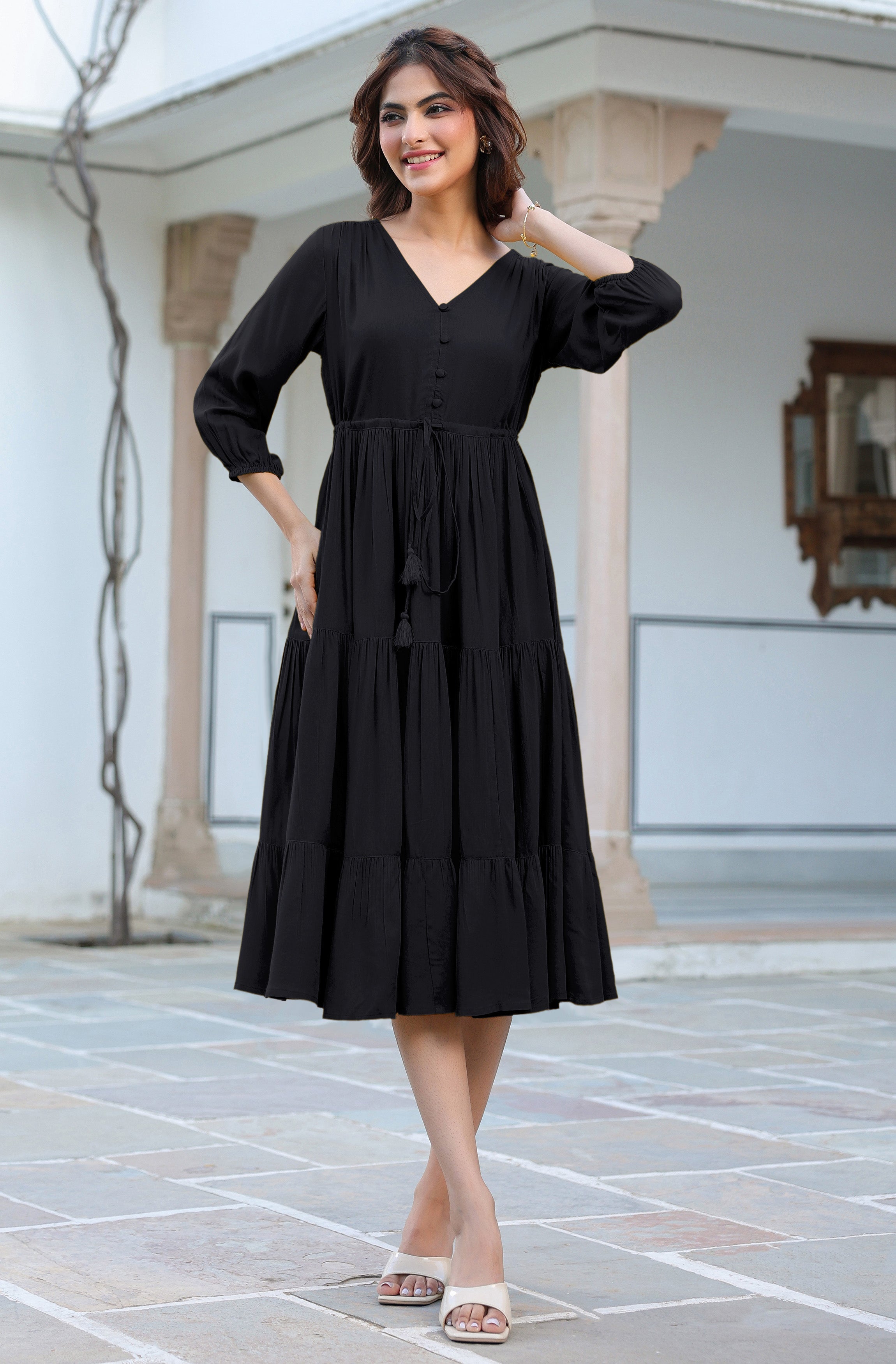 Janasya Dark Rayon Solid Tiered Dress - Distacart