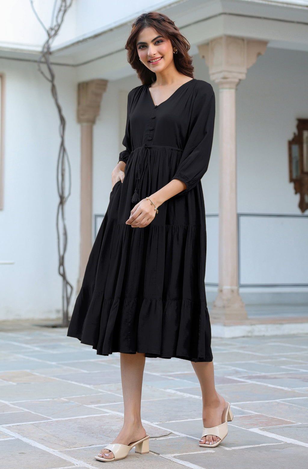 Janasya Dark Rayon Solid Tiered Dress - Distacart