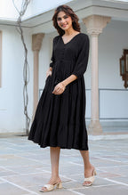 Janasya Dark Rayon Solid Tiered Dress - Distacart