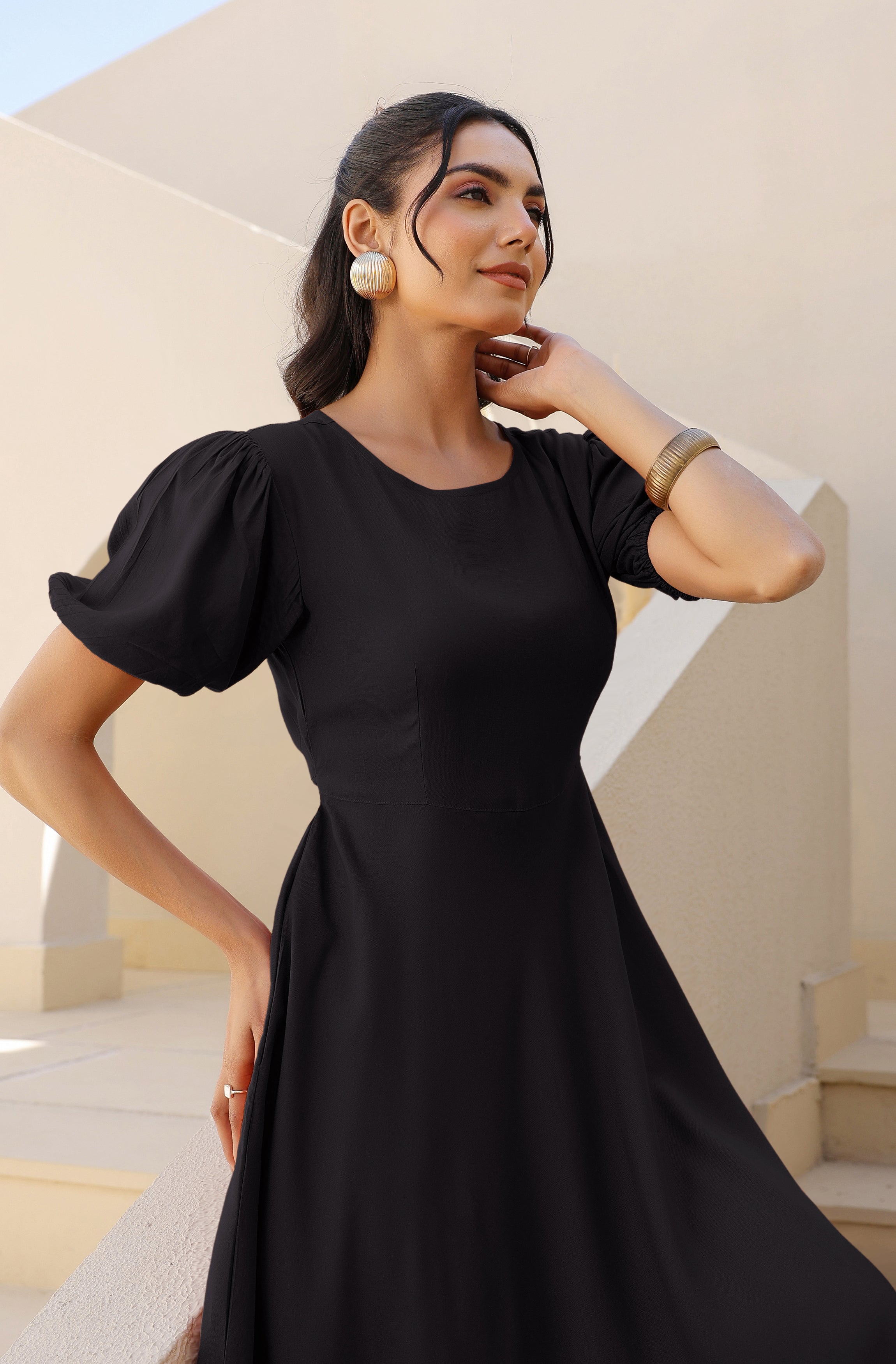 Janasya Dark Rayon Solid A-Line Dress - Distacart