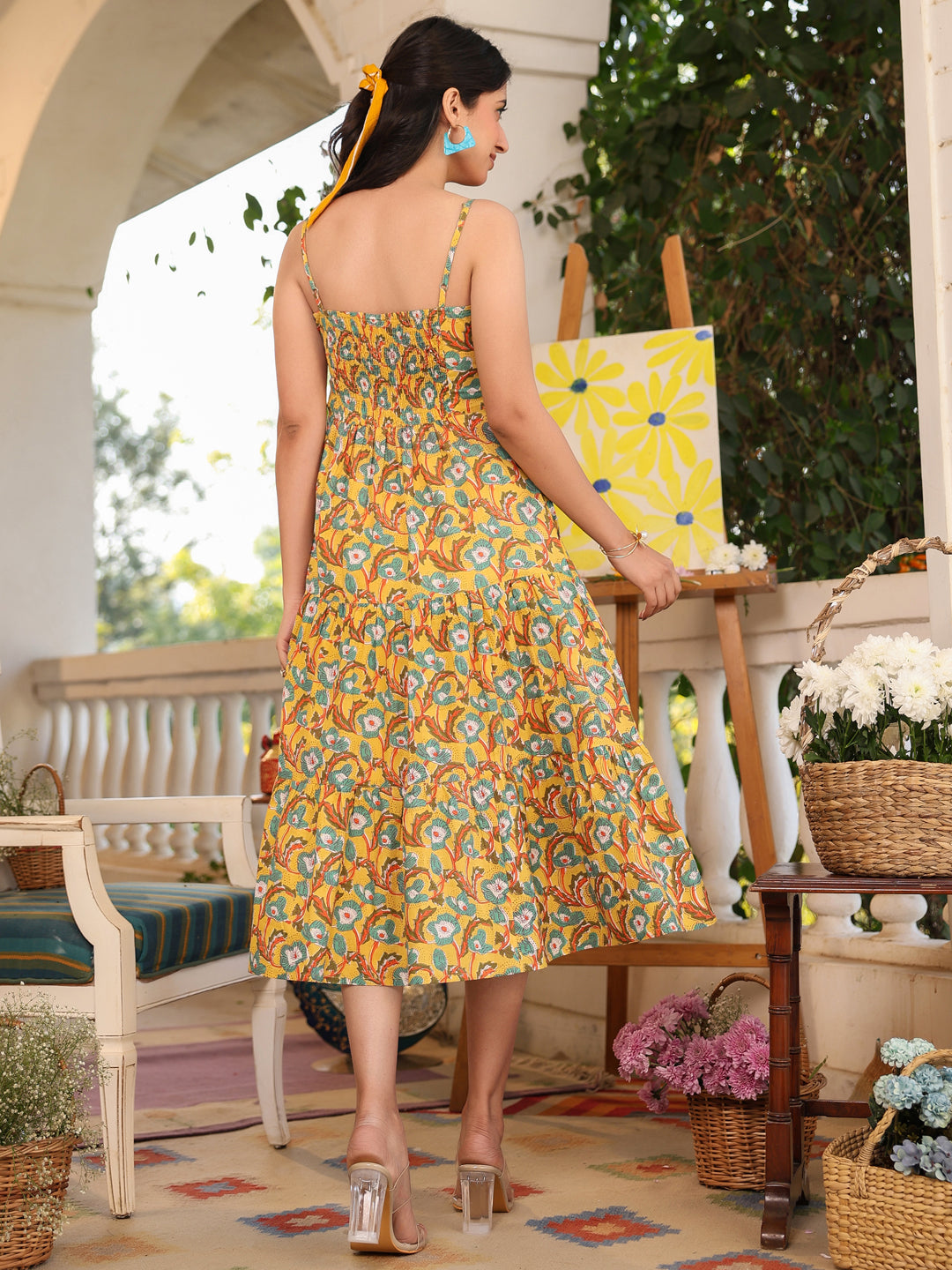 Janasya Bright Cotton Floral Tiered Dress - Distacart