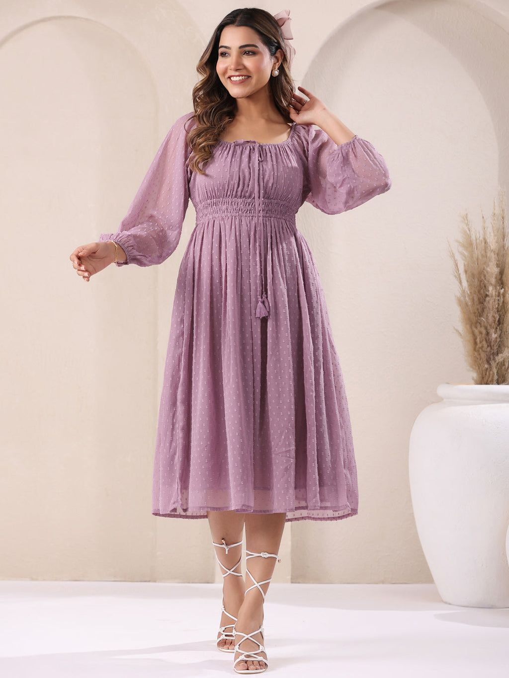 Janasya Light Dobby Chiffon Self Design Fit & Flare Dress - Distacart