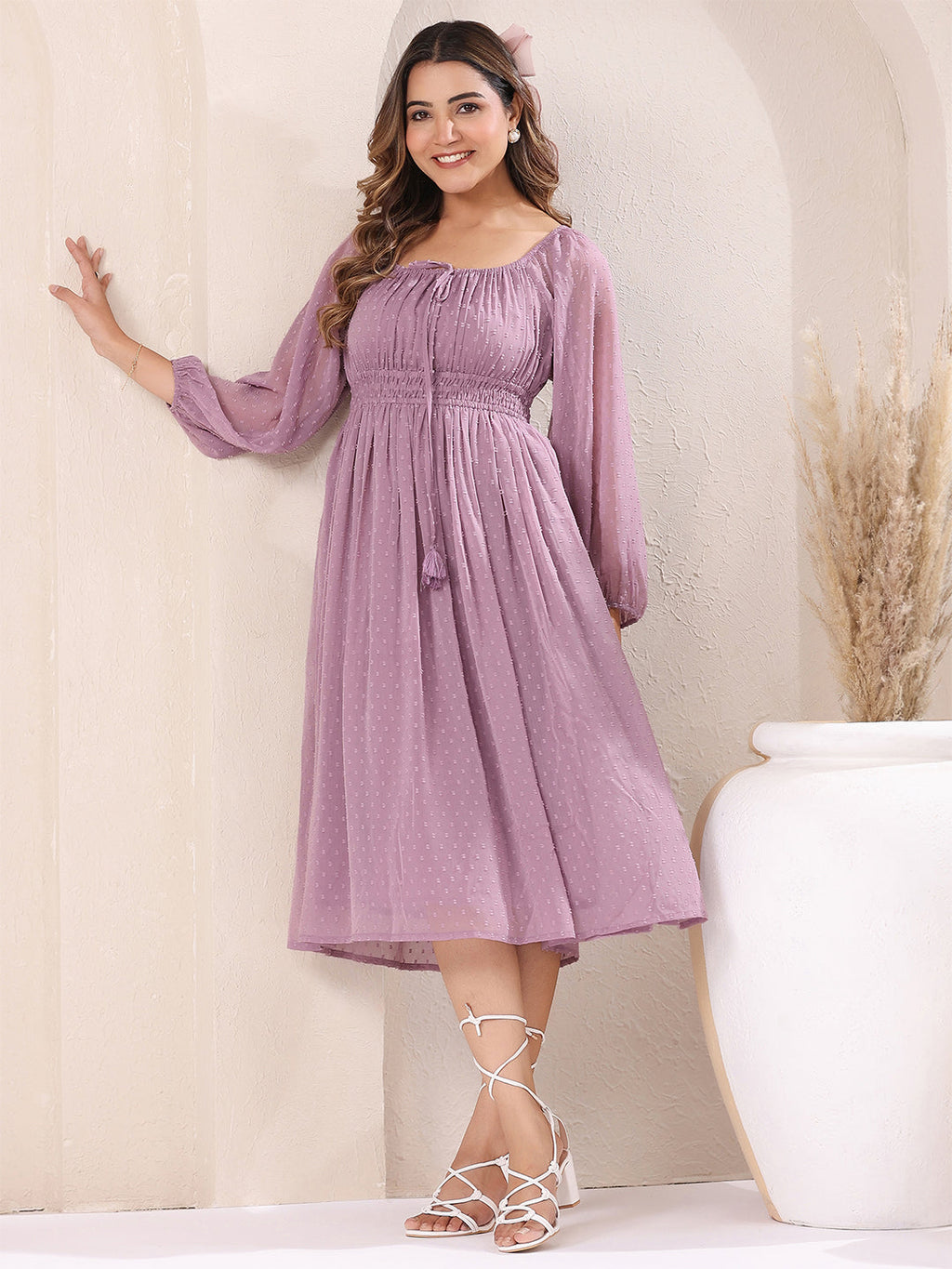 Janasya Light Dobby Chiffon Self Design Fit & Flare Dress - Distacart