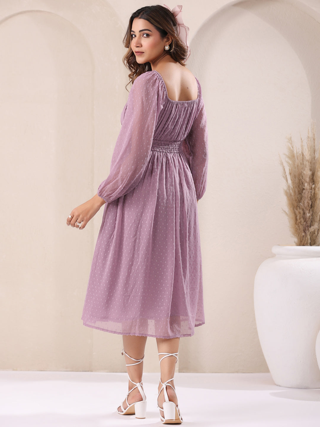 Janasya Light Dobby Chiffon Self Design Fit & Flare Dress - Distacart