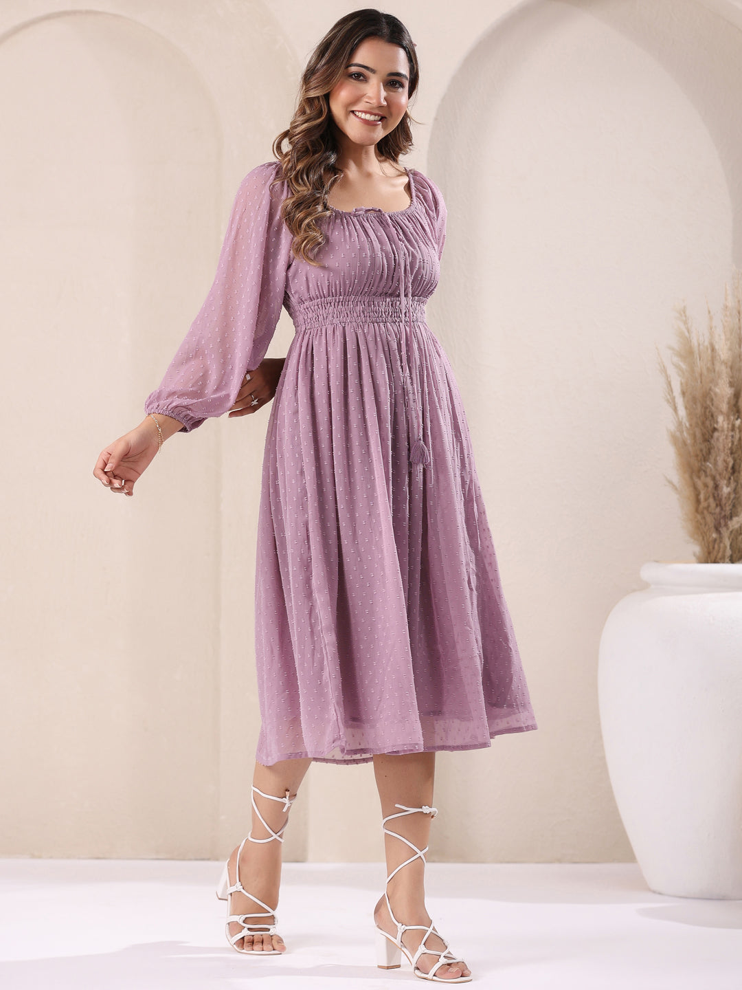 Janasya Light Dobby Chiffon Self Design Fit & Flare Dress - Distacart