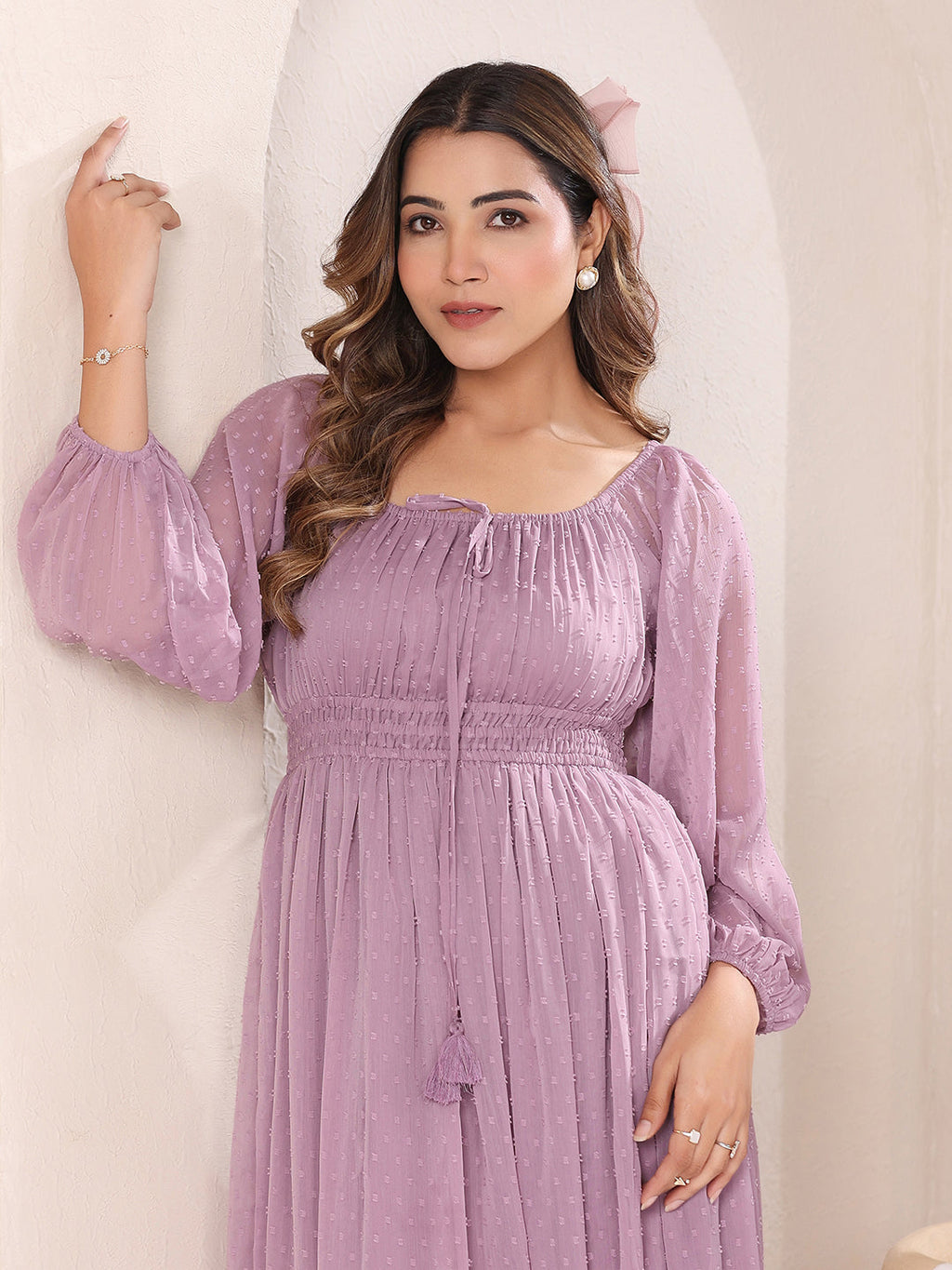 Janasya Light Dobby Chiffon Self Design Fit & Flare Dress - Distacart