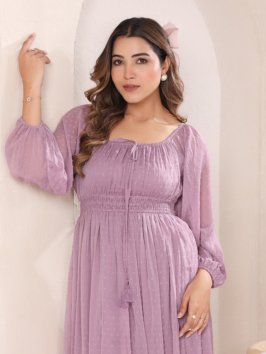 Janasya Light Dobby Chiffon Self Design Fit & Flare Dress - Distacart