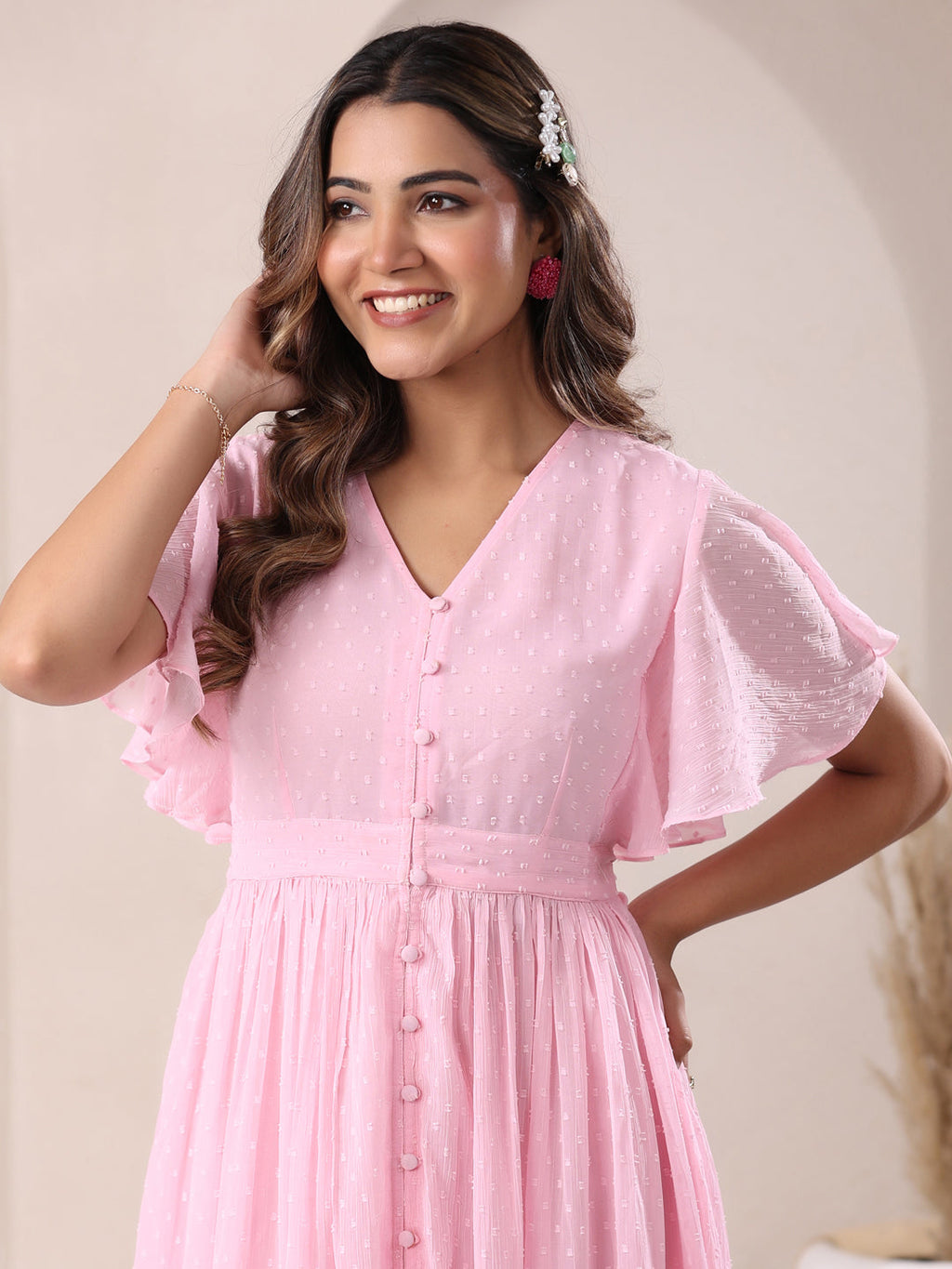 Janasya Light Dobby Chiffon Self Design A-Line Dress - Distacart