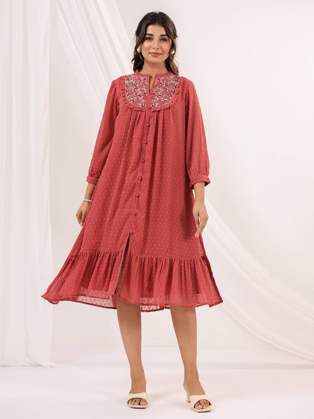 Janasya Dark Dobby Chiffon Embroidered Tiered Dress - Distacart