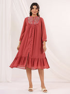 Janasya Dark Dobby Chiffon Embroidered Tiered Dress - Distacart