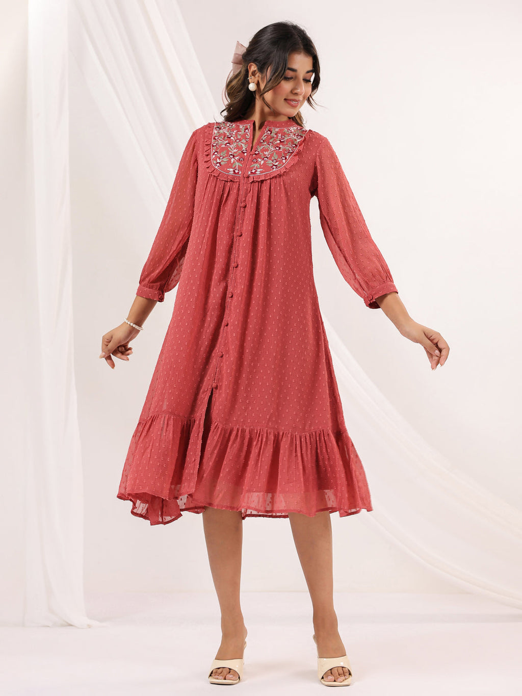 Janasya Dark Dobby Chiffon Embroidered Tiered Dress - Distacart