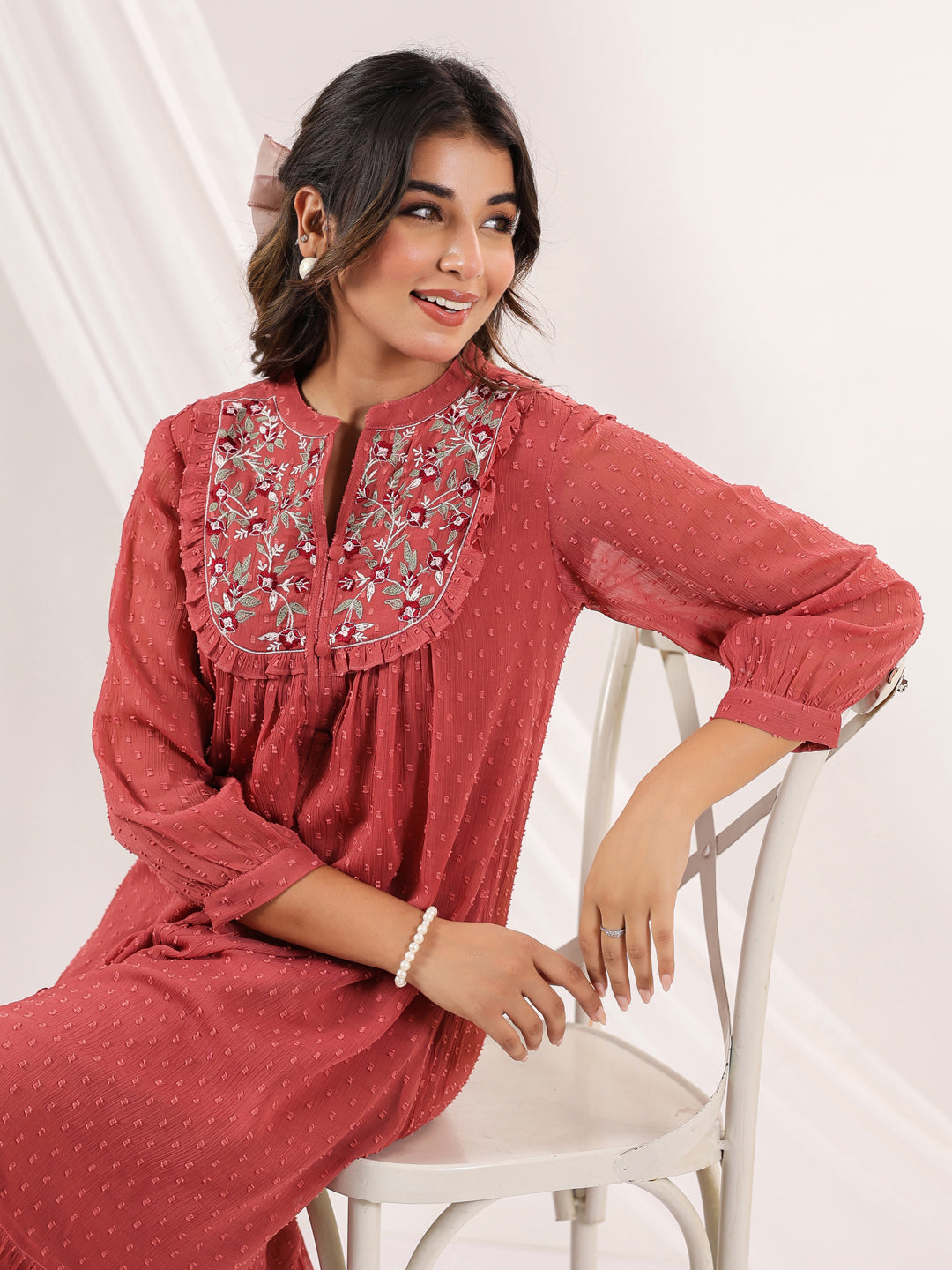 Janasya Dark Dobby Chiffon Embroidered Tiered Dress - Distacart