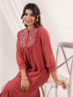 Janasya Dark Dobby Chiffon Embroidered Tiered Dress - Distacart