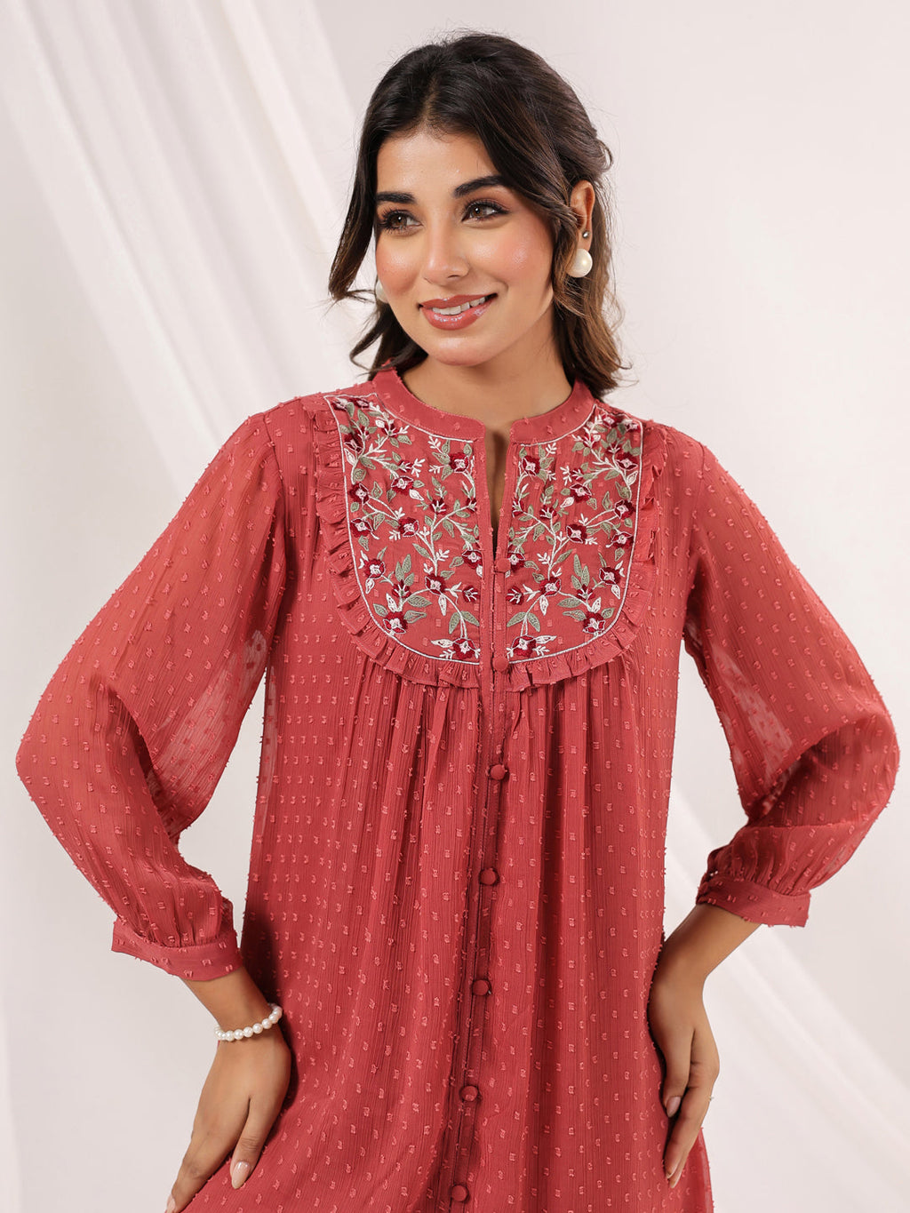 Janasya Dark Dobby Chiffon Embroidered Tiered Dress - Distacart
