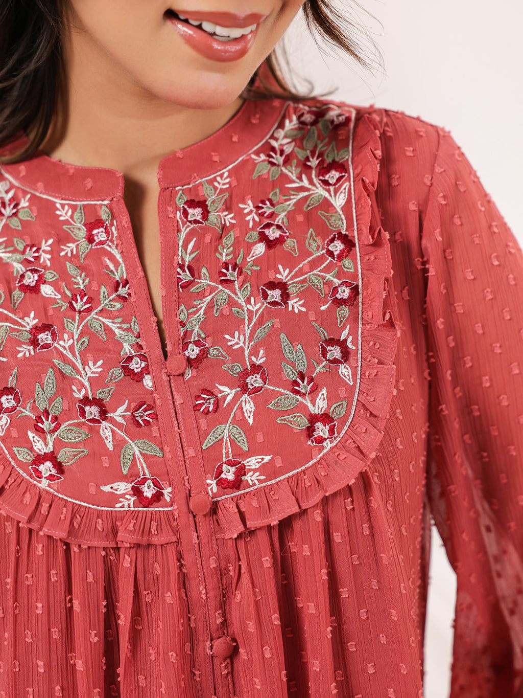 Janasya Dark Dobby Chiffon Embroidered Tiered Dress - Distacart
