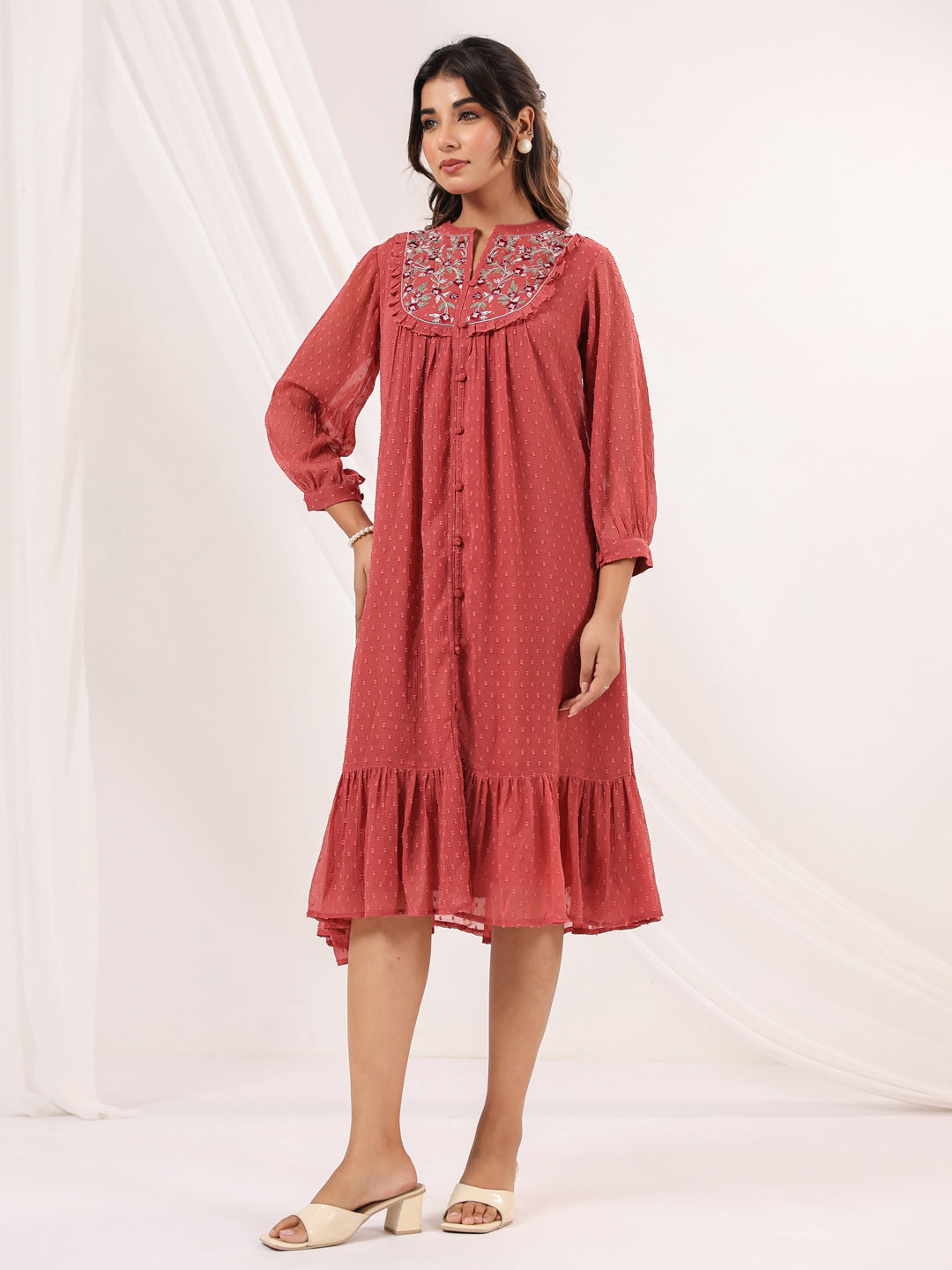 Janasya Dark Dobby Chiffon Embroidered Tiered Dress - Distacart