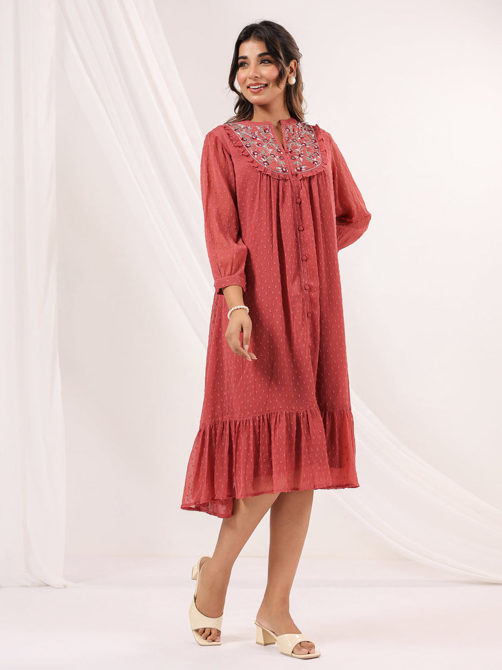 Janasya Dark Dobby Chiffon Embroidered Tiered Dress - Distacart
