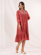 Janasya Dark Dobby Chiffon Embroidered Tiered Dress - Distacart