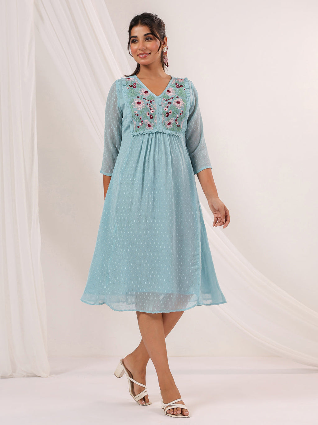 Janasya Light Dobby Chiffon Embroidered A-Line Dress - Distacart