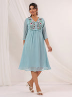 Janasya Light Dobby Chiffon Embroidered A-Line Dress - Distacart