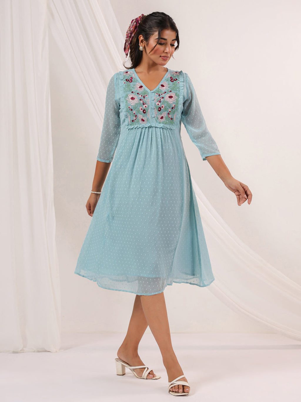 Janasya Light Dobby Chiffon Embroidered A-Line Dress - Distacart