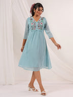 Janasya Light Dobby Chiffon Embroidered A-Line Dress - Distacart