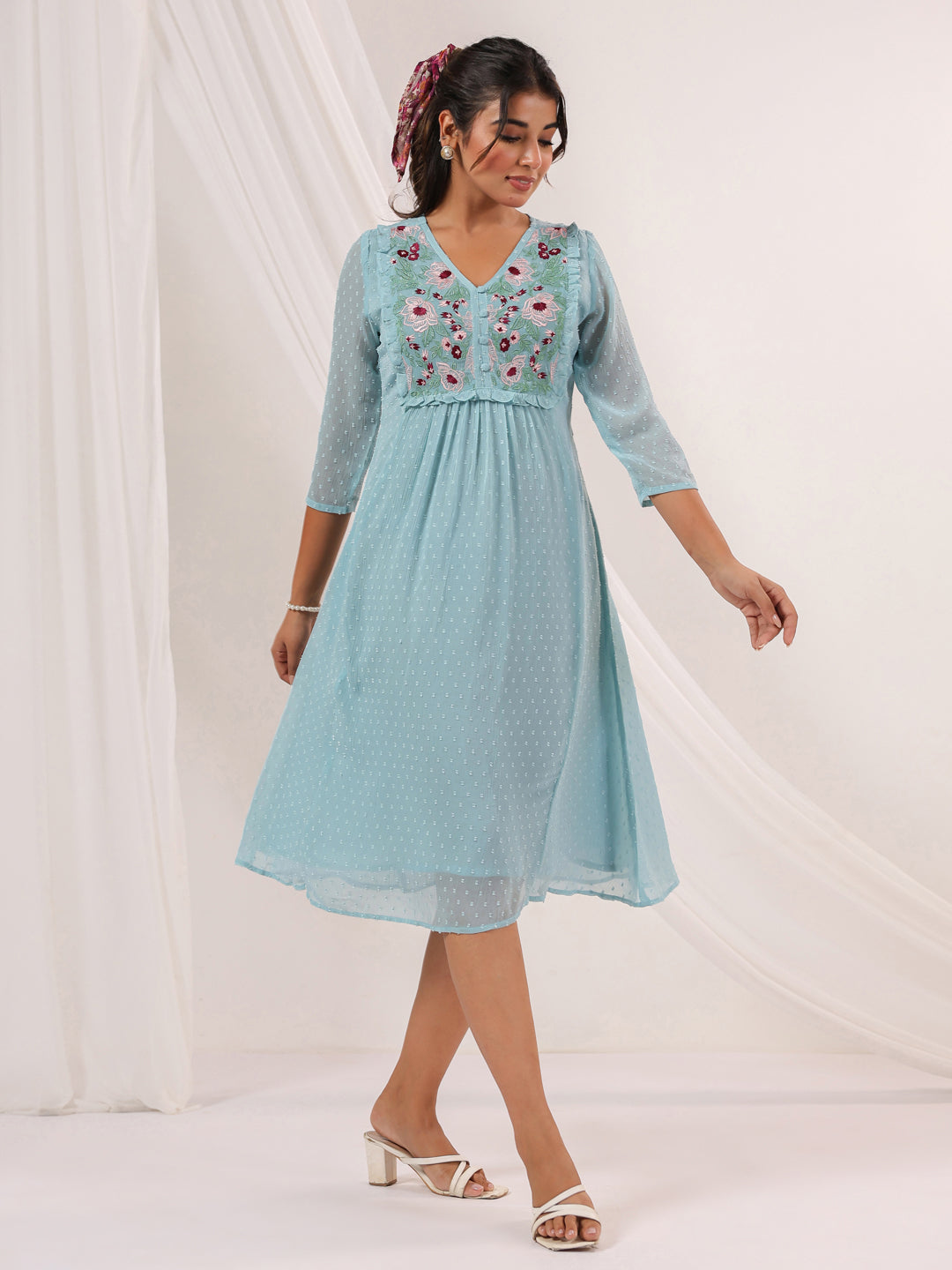 Janasya Light Dobby Chiffon Embroidered A-Line Dress - Distacart