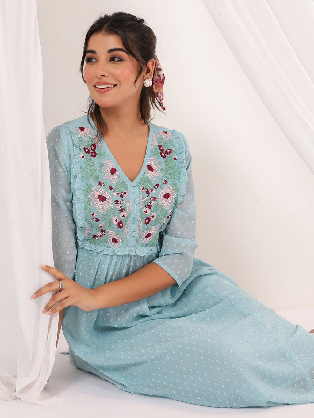 Janasya Light Dobby Chiffon Embroidered A-Line Dress - Distacart