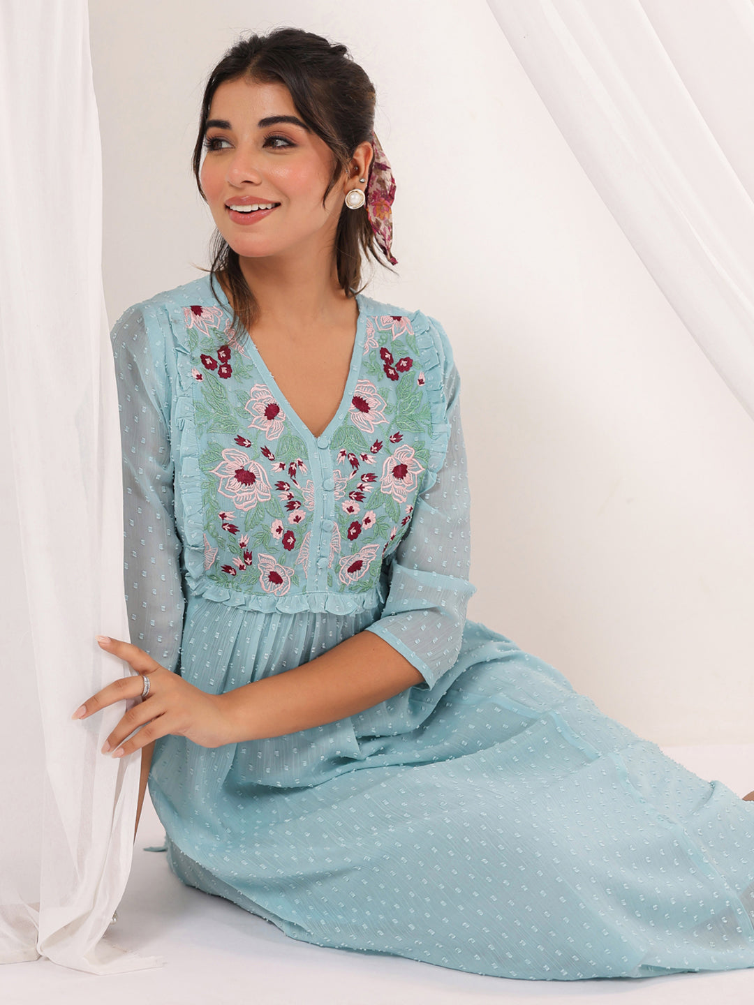 Janasya Light Dobby Chiffon Embroidered A-Line Dress - Distacart