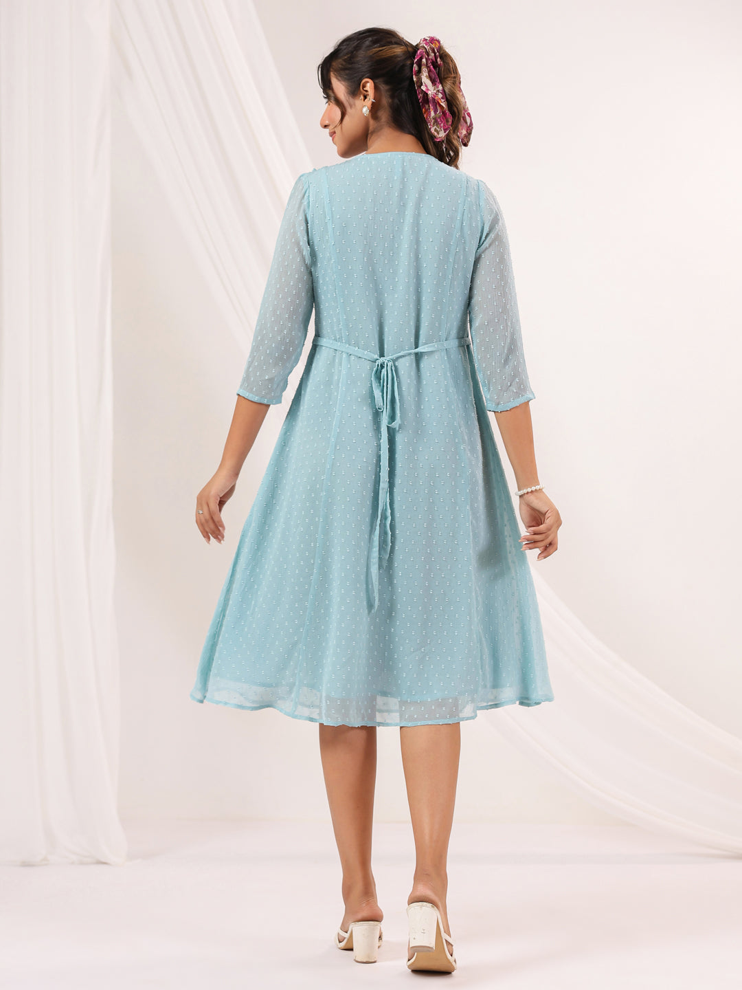 Janasya Light Dobby Chiffon Embroidered A-Line Dress - Distacart