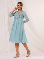 Janasya Light Dobby Chiffon Embroidered A-Line Dress - Distacart