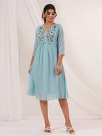 Janasya Light Dobby Chiffon Embroidered A-Line Dress - Distacart