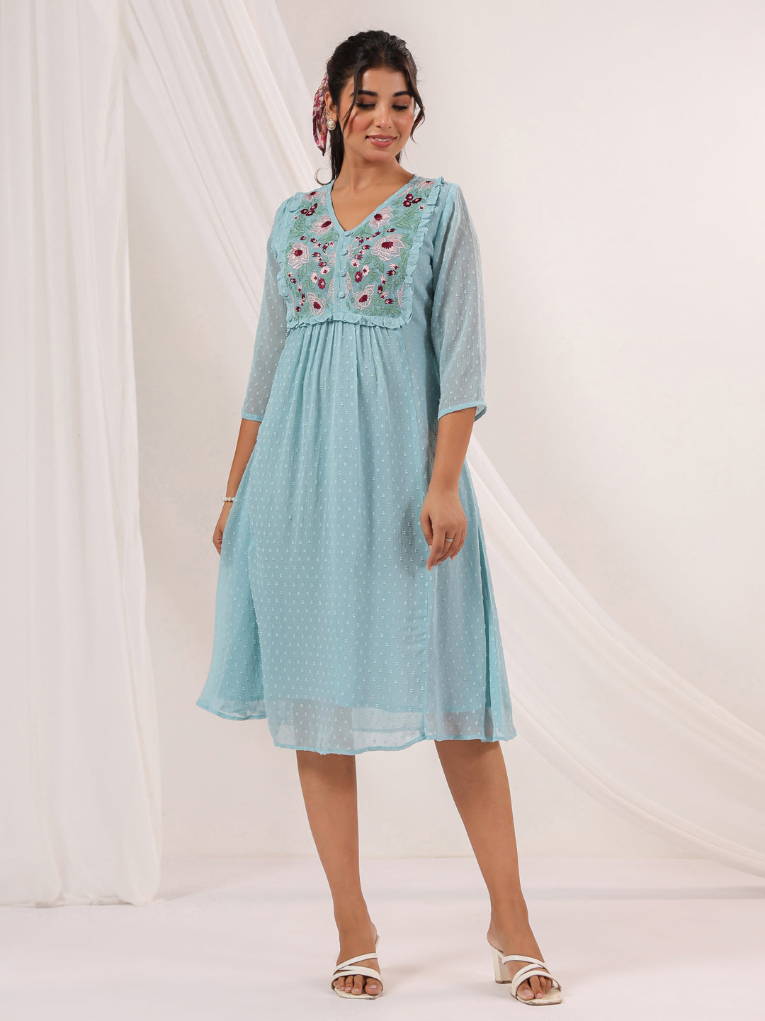 Janasya Light Dobby Chiffon Embroidered A-Line Dress - Distacart