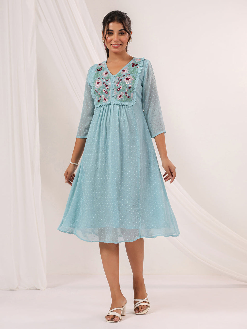 Janasya Light Dobby Chiffon Embroidered A-Line Dress - Distacart