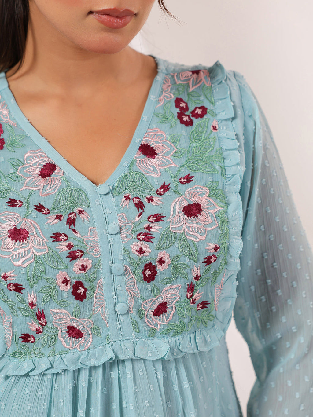 Janasya Light Dobby Chiffon Embroidered A-Line Dress - Distacart
