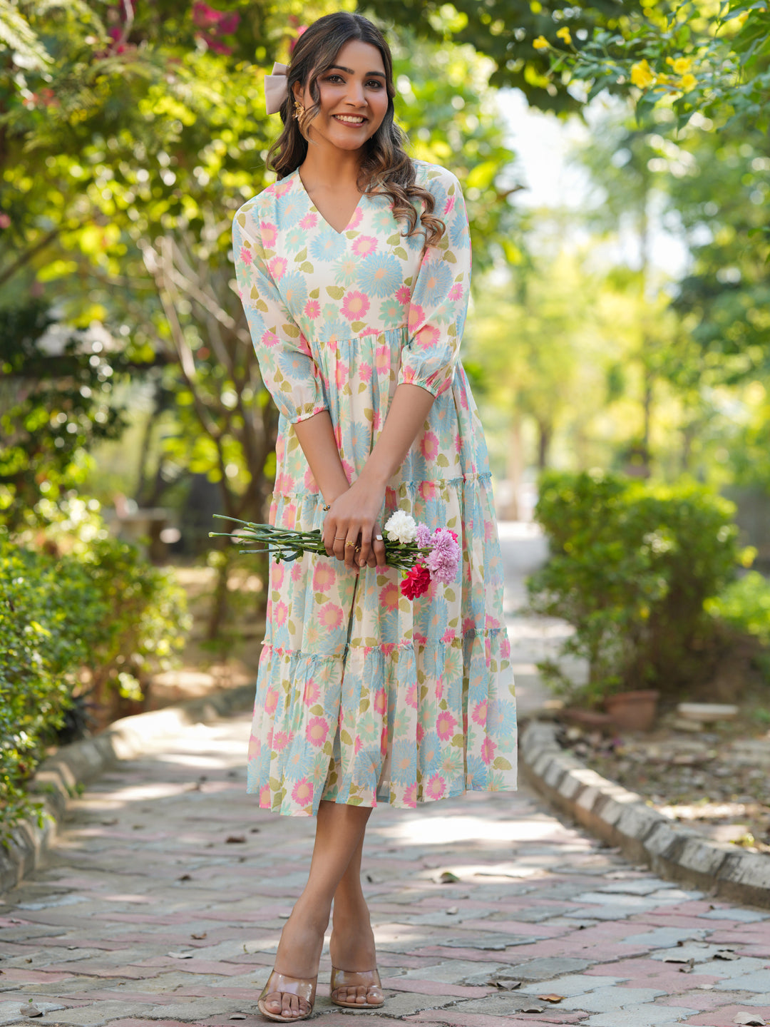 Janasya Bright Georgette Floral Tiered Dress - Distacart