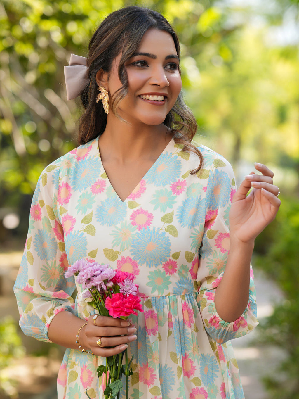 Janasya Bright Georgette Floral Tiered Dress - Distacart