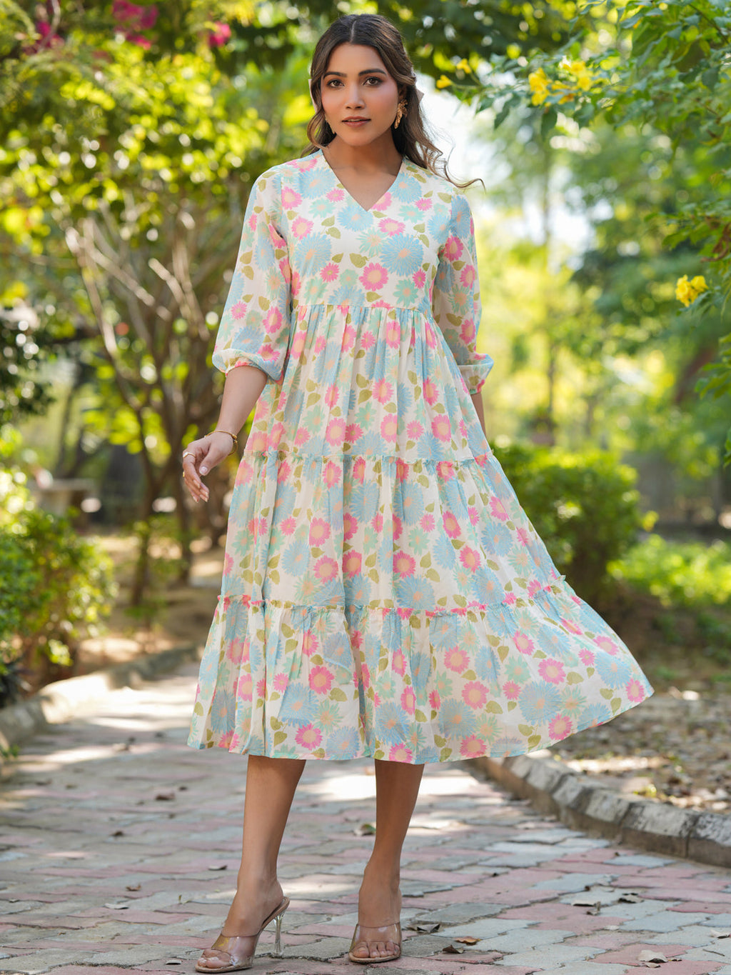 Janasya Bright Georgette Floral Tiered Dress - Distacart