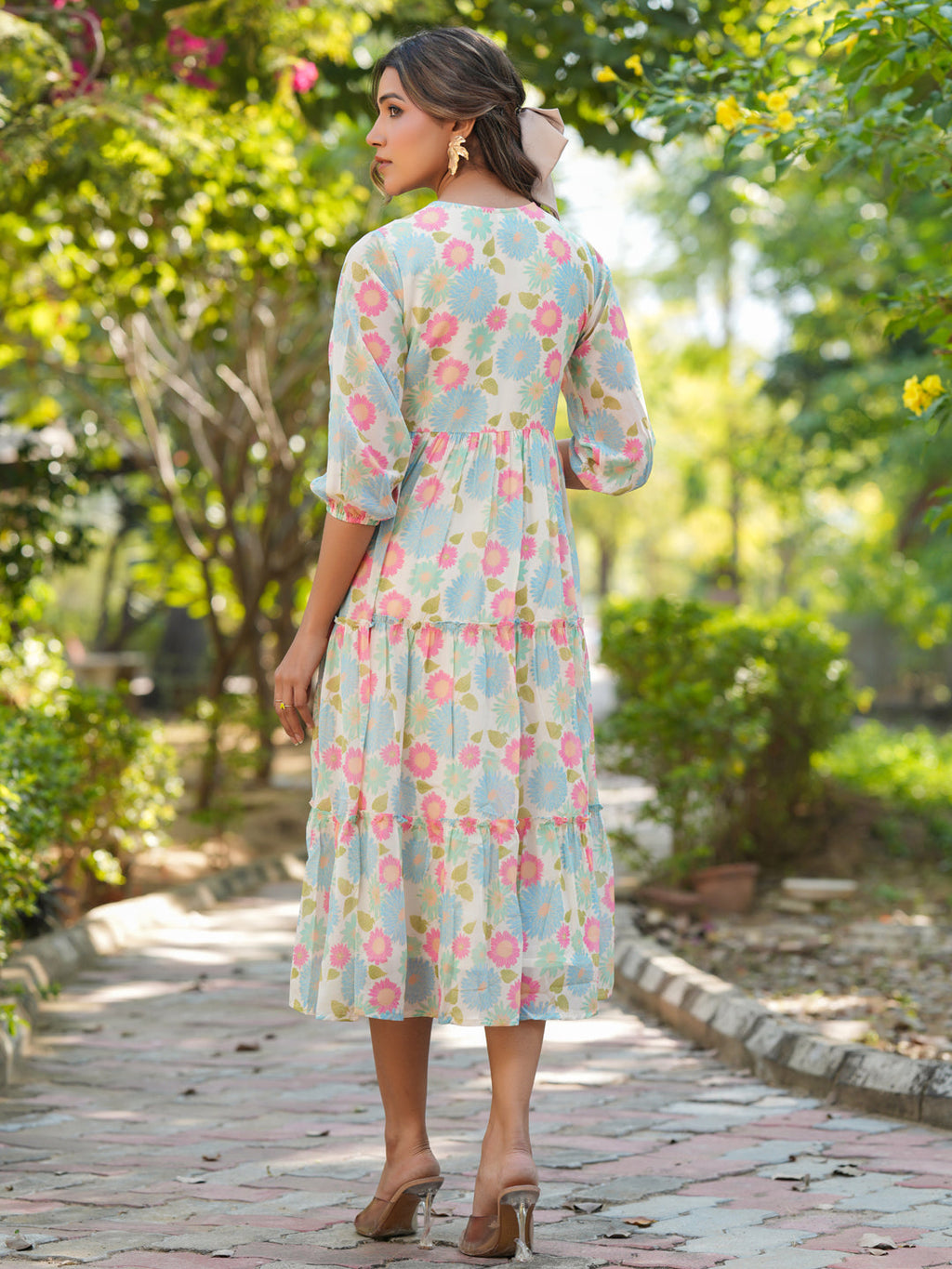 Janasya Bright Georgette Floral Tiered Dress - Distacart