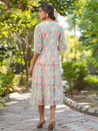 Janasya Bright Georgette Floral Tiered Dress - Distacart