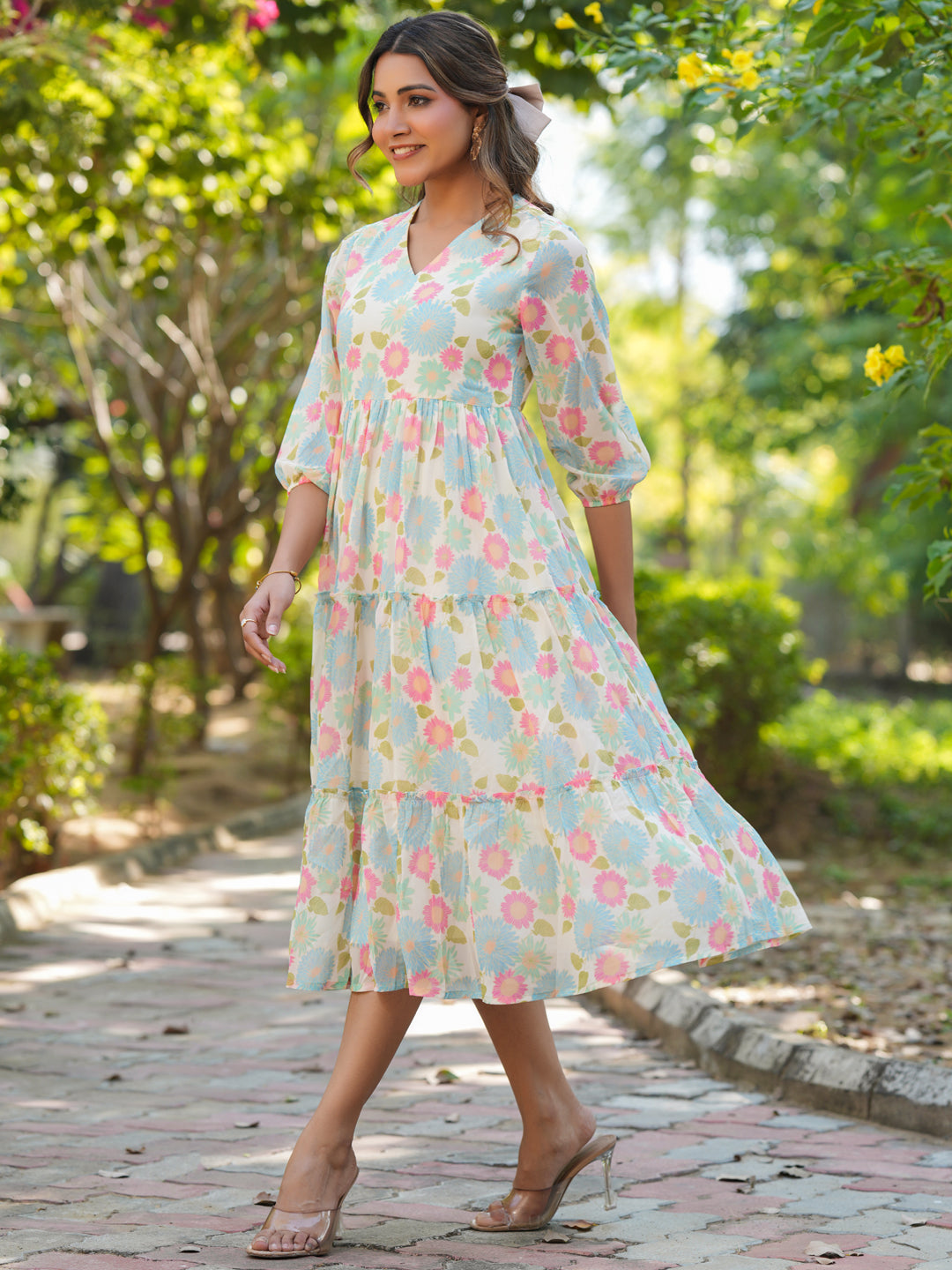 Janasya Bright Georgette Floral Tiered Dress - Distacart
