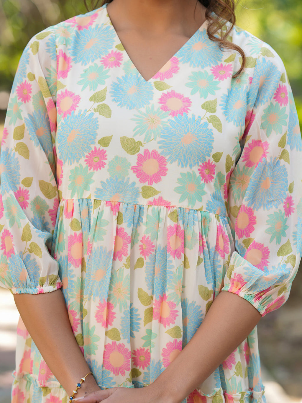Janasya Bright Georgette Floral Tiered Dress - Distacart