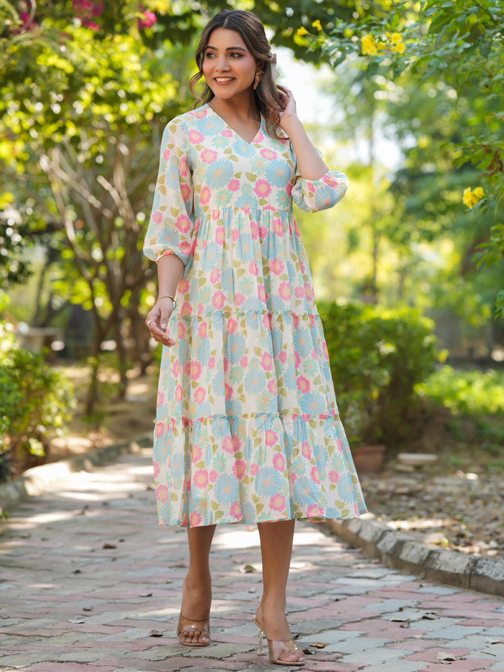 Janasya Bright Georgette Floral Tiered Dress - Distacart