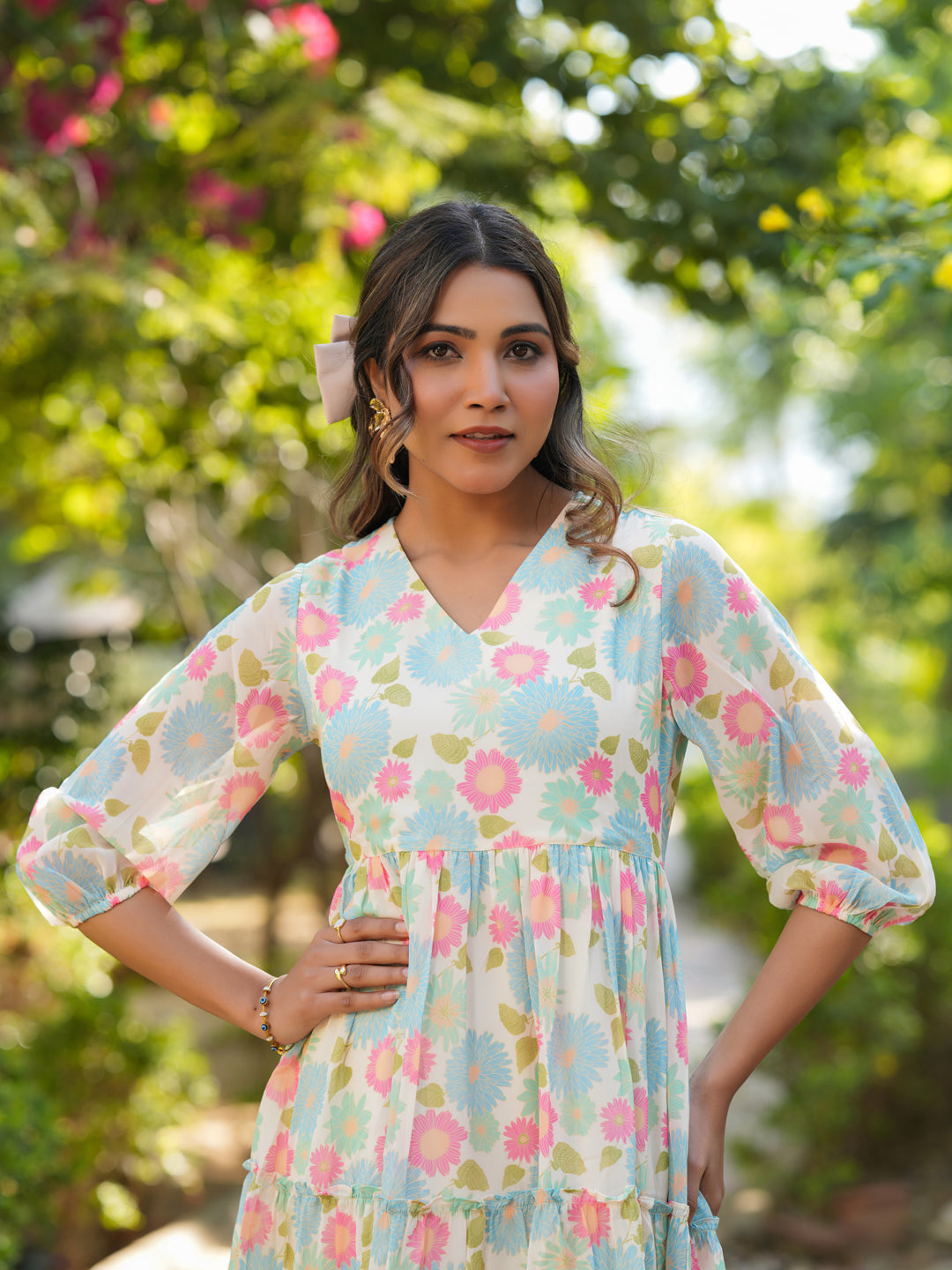 Janasya Bright Georgette Floral Tiered Dress - Distacart