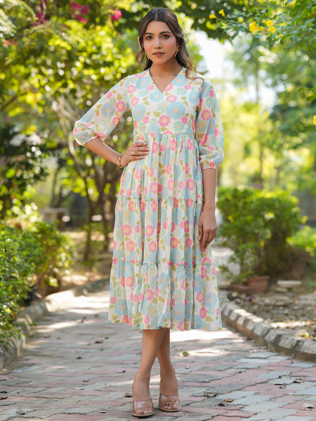 Janasya Bright Georgette Floral Tiered Dress - Distacart