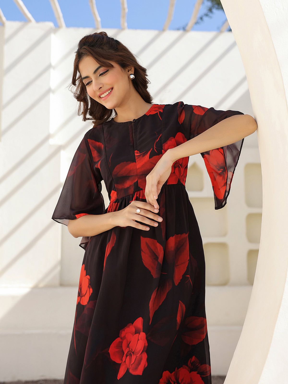 Janasya Dark Georgette Floral A-Line Dress - Distacart